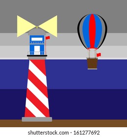 Create lighthouse and balloon scenery, stock vector