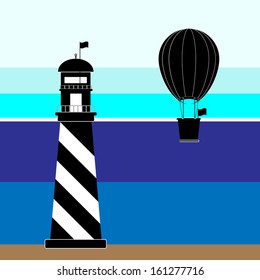 Create lighthouse and balloon scenery, stock vector