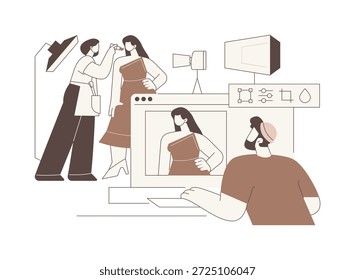 Crie ilustrações isoladas de vetores de desenhos animados em livreto. Homem fotografando uma nova coleção de moda, posando modelo, promoção de linha de roupas, começando própria marca de moda, indústria de beleza desenho animado vetorial.