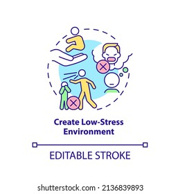 Crear un icono de concepto de entorno de bajo estrés. Consejos para los padres. Ilustración de la línea delgada de la idea abstracta del desorden. Dibujo de contorno aislado. Trazo editable. Fuentes Arial, Myriad Pro-Bold utilizadas