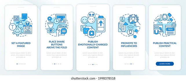 Create magnetic content tips onboarding mobile app page screen. Place share buttons walkthrough 5 steps graphic instructions with concepts. UI, UX, GUI vector template with linear color illustrations