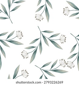 Create me a vector graphic of a fabric pattern Background: olive green, very subtle and matte. Design: watercolor-style painted flowers in shades of burgundy, off-white and peach, surrounded by tiny green leaves. Arrangement: Flowers spaced throughout