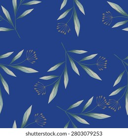 Create me a vector graphic of a fabric pattern Background: olive green, very subtle and matte. Design: watercolor-style painted flowers in shades of burgundy, off-white and peach, surrounded by tiny green leaves. Arrangement: Flowers spaced throughout