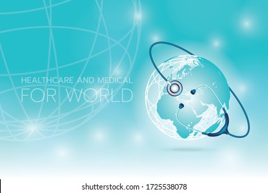 Create a medical stethoscope image rounding with the earth on a cyan background, Healthcare and Medical for the world, The World health day.