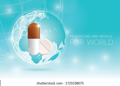 Create a medicine image on a cyan background with the earth, 
Healthcare and Medical for world, World health day.