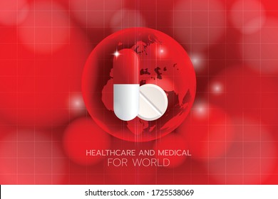 Crear una imagen de medicina en la tierra con un fondo rojo y una cuadrícula, Salud y Medicina para el mundo, El Día Mundial de la Salud.