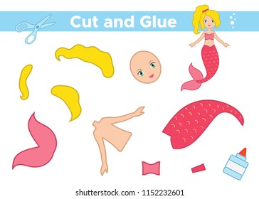 Create a mermaid. Educational paper game for preschool kids. Cut and glue. Vector illustration
