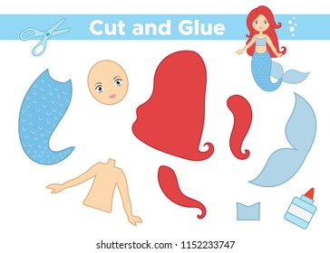 Create a mermaid. Educational paper game for children. Use scissors and glue. Vector illustration.