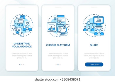Create micro community for business blue onboarding mobile app screen. Walkthrough 3 steps editable graphic instructions with linear concepts. UI, UX, GUI template. Myriad Pro-Bold, Regular fonts used