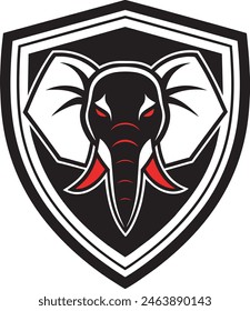 Create a minimalist Animal logo vector art illustration with an elephant icon in shield featuring a modern stylish shape with an underline, set on a solid white background. Ensure the design is high r