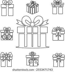 Create a minimalist line art vector illustration of neatly stacked gift boxes adorned with elegant bows, perfect for conveying the spirit of celebration and thoughtful gifting.