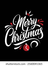 Create a minimalist typography design featuring the text "merry Christmas" in bold, clear calligraphy with festive ornaments on a black background. Perfect for holiday-themed graphics!