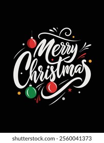 Create a minimalist typography design featuring the text "merry Christmas" in bold, clear calligraphy with festive ornaments on a black background. Perfect for holiday-themed graphics!