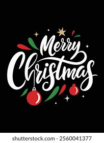 Create a minimalist typography design featuring the text "merry Christmas" in bold, clear calligraphy with festive ornaments on a black background. Perfect for holiday-themed graphics!