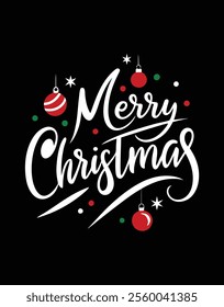 Create a minimalist typography design featuring the text "merry Christmas" in bold, clear calligraphy with festive ornaments on a black background. Perfect for holiday-themed graphics!