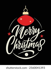Create a minimalist typography design featuring the text "merry Christmas" in bold, clear calligraphy with festive ornaments on a black background. Perfect for holiday-themed graphics!