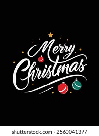 Create a minimalist typography design featuring the text "merry Christmas" in bold, clear calligraphy with festive ornaments on a black background. Perfect for holiday-themed graphics!