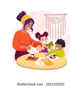 Create a mosaic isolated cartoon vector illustration. Children cut cardboard, use scissors, finger and hand movement, fine motor skill, kindergarten activity, early education vector cartoon.
