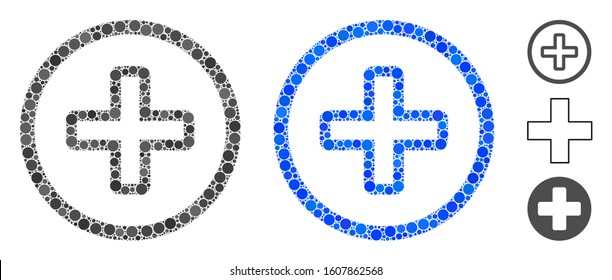 Create mosaic of small circles in different sizes and color hues, based on create icon. Vector small circles are grouped into blue mosaic. Dotted create icon in usual and blue versions.
