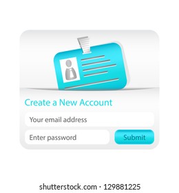 Create a new account form with light blue ID card. Element for websites and mobile applications
