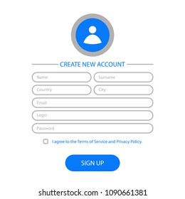 Create New Account - Web Form Design. Website User Interface For Registration Page. Template For UI, GUI And UX. Vector Illustration.