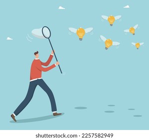 Create new business ideas and projects with creativity and leadership, brainstorm, achieve goals. Catch your luck. Businessman chasing ideas, catching flying light bulbs with a butterfly net.