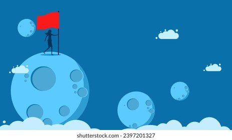Create a new business successfully. Businesswoman plants a red flag on the moon or planet 