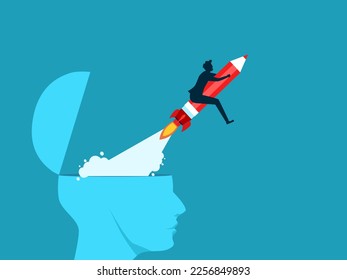 Create new ideas. Imagination or content writing. man riding a pencil rocket from head opening