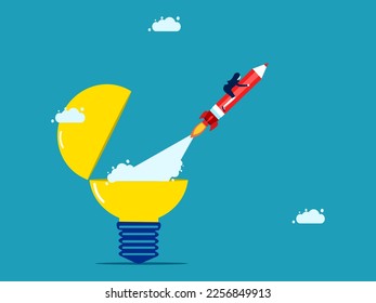 Create new ideas. Imagination or content writing. Businesswoman riding a pencil rocket from turning on a light bulb