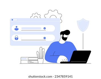 Create new password abstract concept vector illustration. Man with laptop creating password, data protection, IT technology, computing industry, cybersecurity practice abstract metaphor.