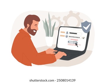 Create nueva Contraseña aislada Ilustraciones vectoriales de dibujos animados. Hombre con portátil que crea la Contraseña, protección de datos, tecnología de TI, industria informática, dibujos animados de Vector de práctica de ciberseguridad.