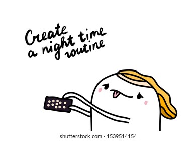 Create a night time routine hand drawn vector ilustration in cartoon comic style lettering