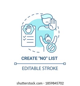 Create no list concept icon. Self care checklist. Healthy restriction for your health. Everyday limitations idea thin line illustration. Vector isolated outline RGB color drawing. Editable stroke