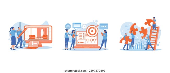 Create an office interior design. Make important decisions together. Teamwork concept. Employee Making concept. set trend modern vector flat illustration