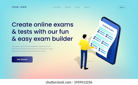 Create online exams and tests with our fun and easy exam builder Landing Page Template with Gradient Background and Isometric 3d Vector Illustration Mobile User Interface 