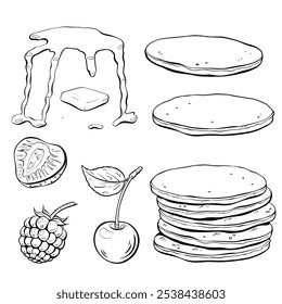 Panqueques de Create cubiertos con una variedad de deliciosos ingredientes y frutas frescas. Ilustración de boceto de Vector. 