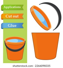 Create paper application the cartoon buckets of water. Use scissor cut parts of plastic pail and glue on the paper. Easy level. Education logic game for baby or kids to help with cutting and sticking.