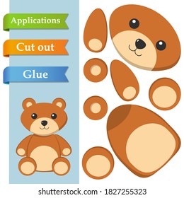 Create paper application the cartoon fun Bear. Use scissors cut parts of Bear and glue on the paper. Education logic game for preschool kids to help with cutting, sticking and learning about animal.