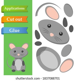 Create paper application the cartoon fun Mouse. Use scissors cut parts Rat and glue on the paper. Education logic game for preschool kids to help with cutting, sticking and learning about animal.