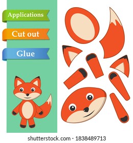 Create paper application the cartoon fun Fox. Use scissors cut parts of the Fox and glue on the paper. Education logic game for preschool kids to help with cutting, sticking and learning about animal.