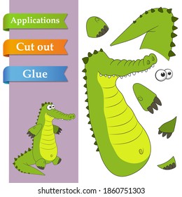 Create paper application the cartoon fun Alligator. Use scissors cut parts of Crocodile and glue on the paper. Education logic game for kids to help with cutting, sticking and learning about animals.