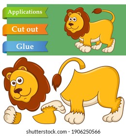 Create paper application the cartoon fun Lioness. Use scissors cut parts of Lion and glue on the paper. Education logic game for preschool kids to help with cutting, sticking, learning about animals