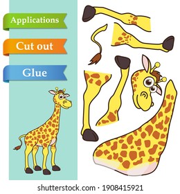 Create paper application the cartoon fun Giraffe. Use scissors cut parts of Giraffe and glue on paper. Education logic game for preschool kids to help with cutting, sticking and learning about animals