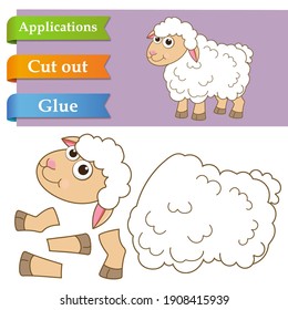 Create paper application the cartoon fun Sheep. Use scissors cut parts of Lamb and glue on the paper. Education logic game for preschool kids to help with cutting, sticking and learning about animals.