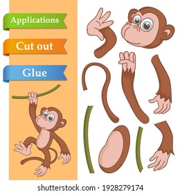 Create paper application the cartoon fun Chimpanzee. Use scissors cut parts of Monkey and glue on the paper. Education logic game for kids to help with cutting, sticking and learning about animals