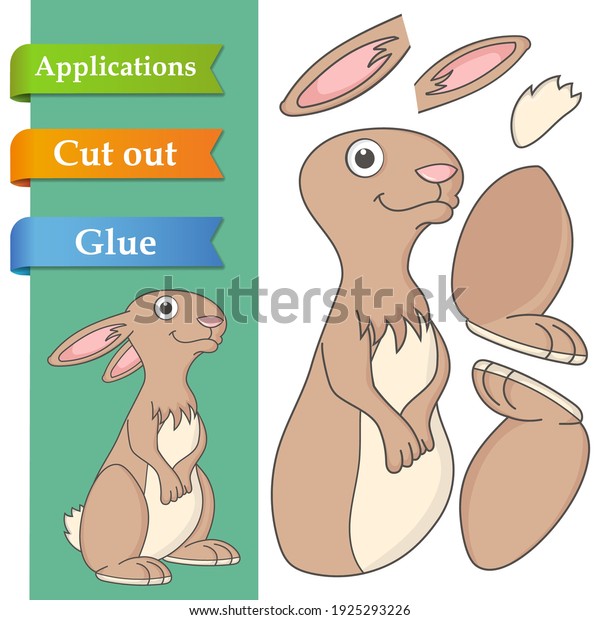 Create paper application the cartoon fun Rabbit.\
Use scissors cut parts of bunny and glue on the paper. Education\
logic game for preschool kids to help with cutting, sticking,\
learning about animal