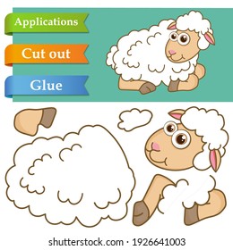 Create paper application the cartoon funny Lamb. Use scissors cut parts of Sheep and glue on the paper. Education logic game for preschool kids to help with cutting, sticking, learning about animals.