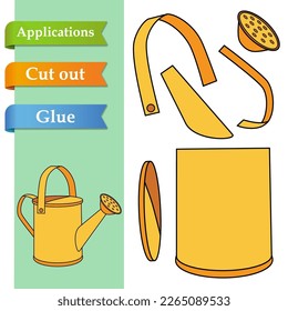 Create paper application the cartoon watering can. Use scissor cut parts of Garden can and glue on the paper. Easy level. Education logic game for baby or kids to help with cutting and sticking.