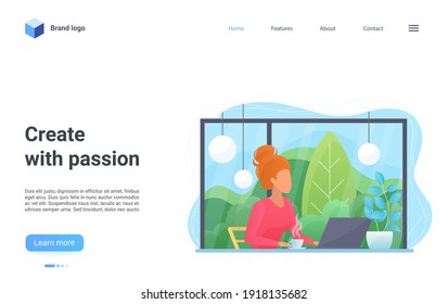 Create with passion concept vector illustration. Cartoon creator woman character sitting with laptop at modern workplace interior, working and creating content, creative landing page flat design