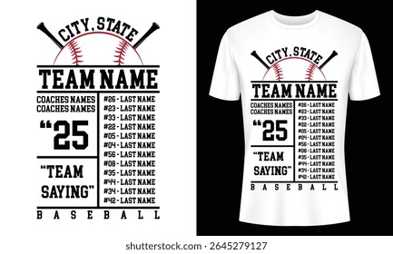 Crie camisas de beisebol personalizadas. Este projeto inclui espaço para o nome da equipe, cidade, estado, números de jogadores, nomes de treinadores e um lema da equipe. Perfeito para equipes.